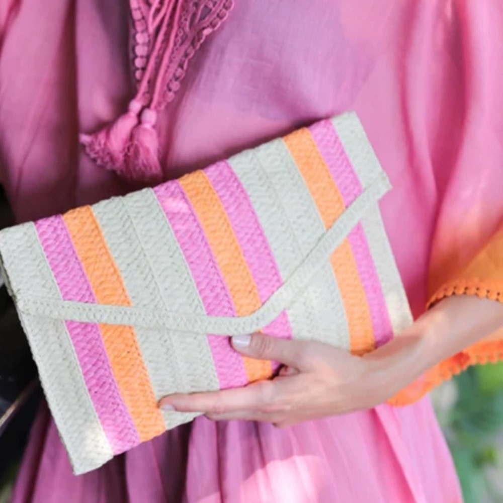 SHIRALEAH Clutch Pink & Orange Stripe Purse Bag Raffia Straw Beach Summer NWT